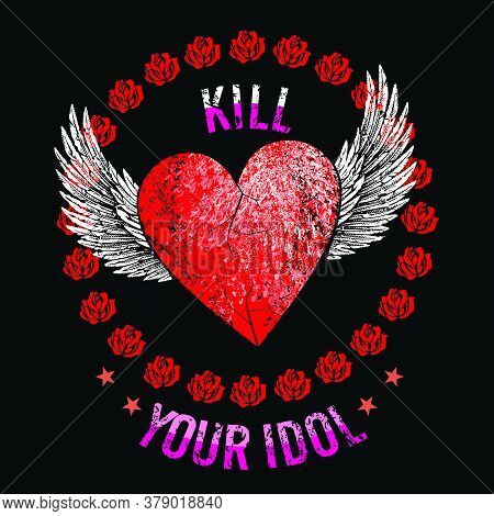 T-shirt Vector Design Of A Red Heart With White Wings In A Circle Of Roses Isolated On Black