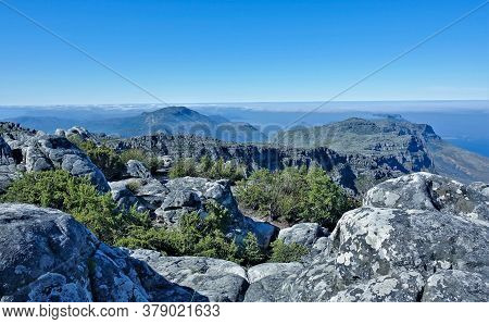 Alpine Landscape. Ancient Gray Boulders Lie On The Flat Summit Of Table Mountain. Low Shrubs, Fynbos
