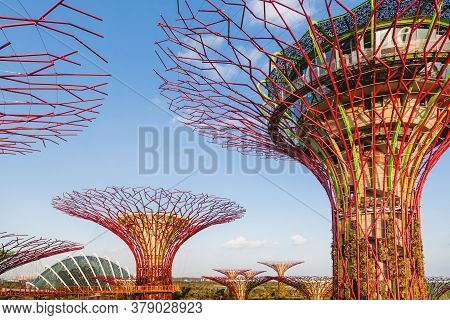 Singapore, Singapore - January 17, 2013. Decorative Towers In Shape Of Tree With Telpherage. Differe