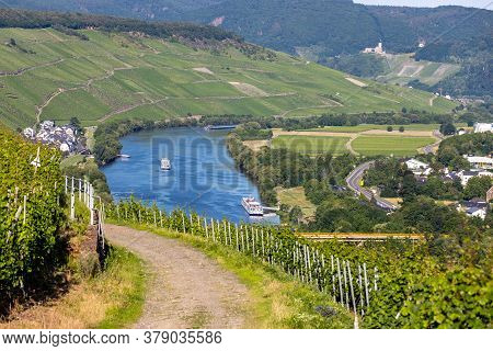 Scenic View On River Moselle With Ships Nearby Village Muelheim With Vineyard In  Foreground