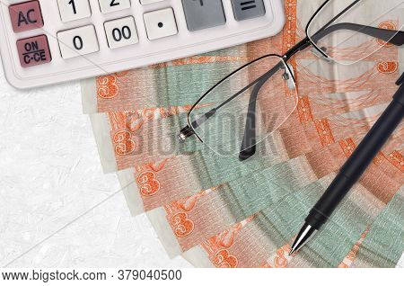 3 Cuban Pesos Convertibles Bills Fan And Calculator With Glasses And Pen. Business Loan Or Tax Payme