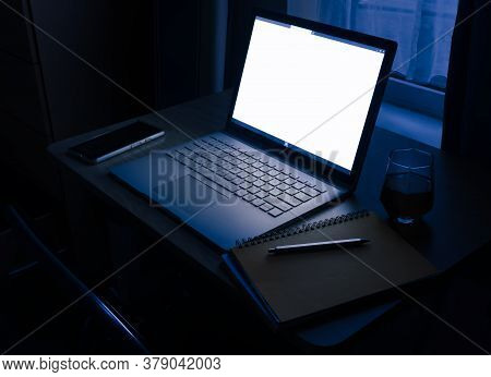 Wfh - Working Overtime & Working From Home Late At Night On Laptop With Glass Of Whisky 2