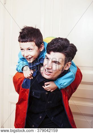 Faher And Son Together Having Fun At Home, Lifestyle Happy Family, People At Home