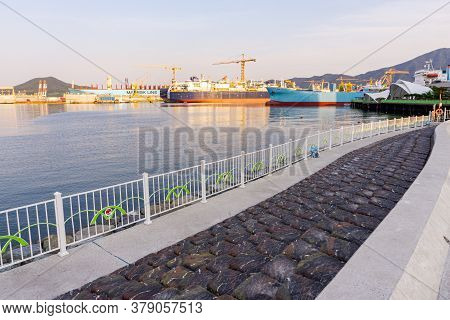 Geoje, South Korea - June 15, 2017: View Of Dsme Harbour From The Public Parks In Okpo, Geoje Island