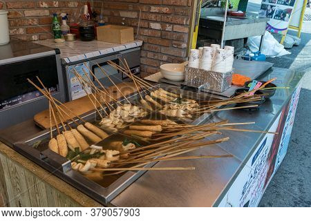 Busan, South Korea - July 20, 2017 : Odeng Skewers In The Hotpot At A Shop In Traditional Market Pla
