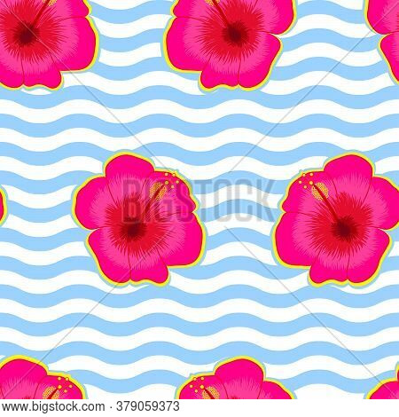 Seamless Vector Pattern Of Hibiscus Flowers On Wavy Background For Textile Prints