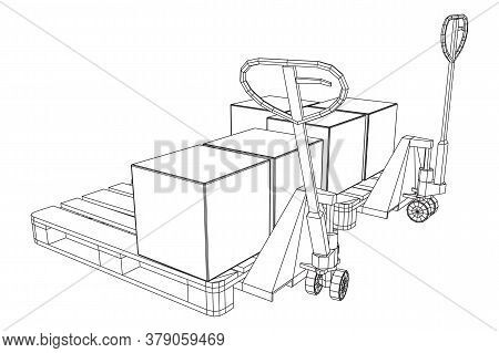 Hand Pallet Jack Lift With Pallet And Stacked Goods Cardboard Boxes. Manual Forklift. Logistics Ship
