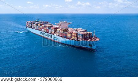 Mediterranean Sea - June 25, 2020: Maersk Hidalgo Mega Container Ship. Ulcv Fully Loaded With Freigh