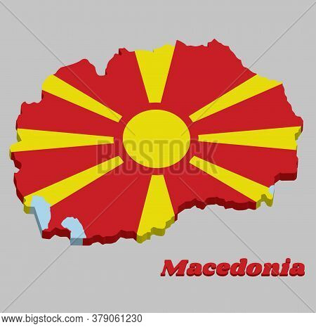 3d Map Outline And Flag Of Macedonia, A Stylised Yellow Sun On A Red Field With Eight Broadening Ray