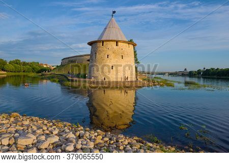 View Of The Flat (ploskaya)tower On A Sunny July Day. Pskov Kremlin, Russia