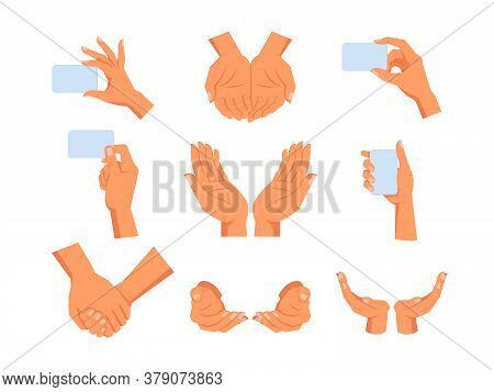 Set Of Isolated Human Hands Gesture. Sign Of Hold, Take And Give, Peace And Growth, Nature Care And 