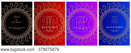 Set Of Wedding Invitation Card Templates With Golden Mandala Design And Text. Vector Illustration
