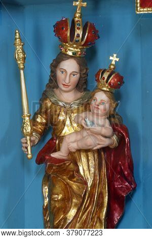 KLANJECKO JEZERO, CROATIA - NOVEMBER 06, 2013: Virgin Mary with baby Jesus, chapel of Saint George at the Lake in Klanjecko Jezero, Croatia