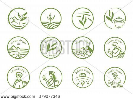 Single Origin Tea Logo Set With Farmer,plant,tea Leaf,cup And Local People Harvest.