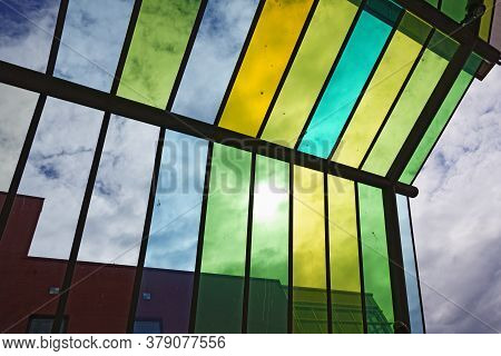 Ornskoldsvik, Norrland Sweden - July 10, 2020: Stained Glass Roof Over Bus Stop