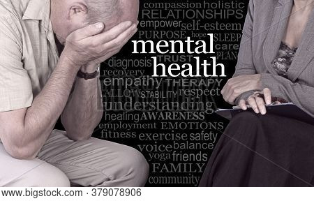 Mental Health Awareness Campaign For Men - Distraught Man With Head In Hands Beside Female Therapist