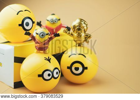 Samut Prakan, Thailand - August 2, 2020 : Happy Meal Collection New Promotions Set Of Minion Toy And