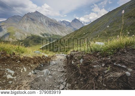 Trail Through The Pass Karatyurek. Altai Mountains Landscape. Russia