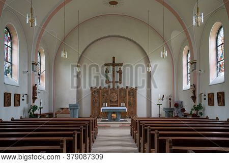 Schmallenberg, Germany - June 11, 2020: View Throught The Main Aisle Of The Parish Church Saint Mich