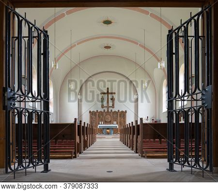 Schmallenberg, Germany - June 11, 2020: View Throught The Main Aisle Of The Parish Church Saint Mich