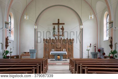 Schmallenberg, Germany - June 11, 2020: View Throught The Main Aisle Of The Parish Church Saint Mich