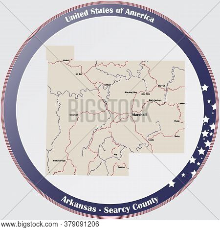 Round Button With Detailed Map Of Searcy County In Arkansas, Usa.