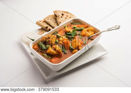 Indian Mix Veg Or Mixed Vegetable Recipe Served In A Bowl With Chapati