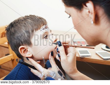 Little Cute Child Making Facepaint On Birthday Party, Zombie Apocalypse Facepainting, Halloween Prep