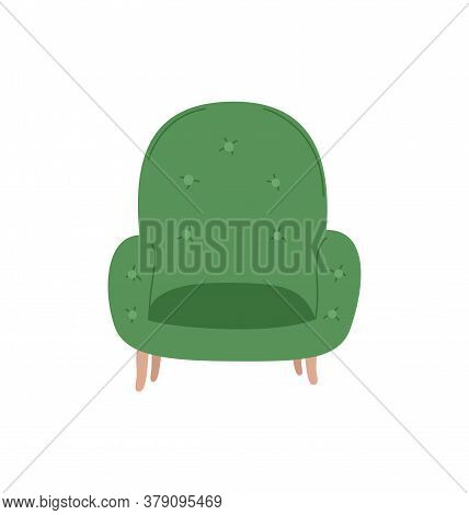 Vintage Furniture Vector, Isolated Armchair With Wooden Legs And Soft Green Fabric, Pouffe For Comfo