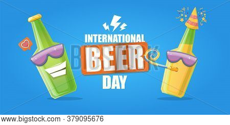 Happy International Beer Day Horizonatal Banner With Cartoon Funny Beer Bottles Friends Characters W