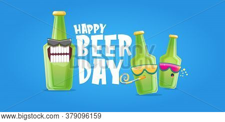 Happy International Beer Day Horizonatal Banner With Cartoon Funny Beer Bottles Friends Characters W