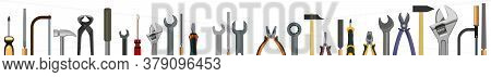 Tools. Set. The Background Is Horizontal. Lower. Screwdrivers, Hammers, Wrenches, Saws, Pliers, Roll