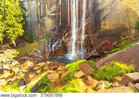 Hiking In Yosemite National Park At Vernal Fall Waterfall On Merced River From Mist Trail. Summer Tr