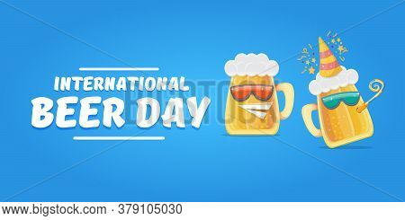 Happy International Beer Day Horizonatal Banner With Cartoon Funny Beer Glass Friends Characters Wit