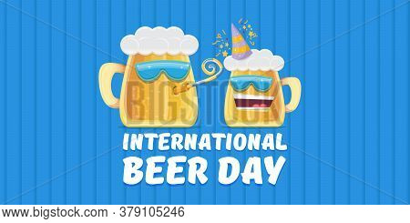 Happy International Beer Day Horizonatal Banner With Cartoon Funny Beer Glass Friends Characters Wit