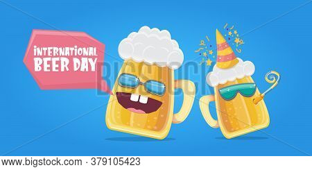 Happy International Beer Day Horizonatal Banner With Cartoon Funny Beer Glass Friends Characters Wit