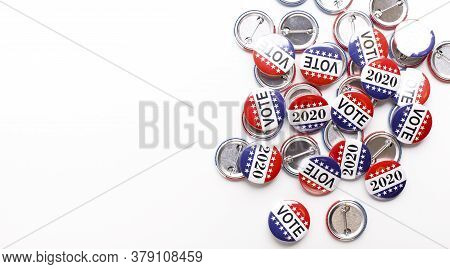 Elections In Usa 2020. Button Badges With I Voted Today Text Isolated On White Background, Panorama