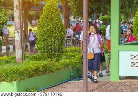 Kanchanaburi,thailand-july 2,2020:thai Students Wear Various Medical Masks To Prevent Themselves Fro