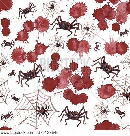 Watercolor Halloween Seamless Pattern On The White Background. Hand-drawn Illustrations: Spiders, Co