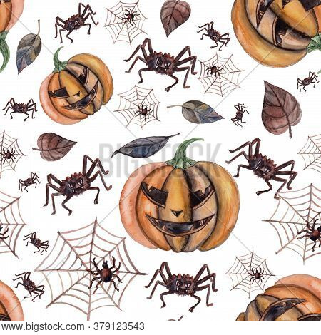 Watercolor Seamless Happy Halloween Pattern. Fallen Leaves, Spiders, Cobwebs, Pumpkin Illustrations 
