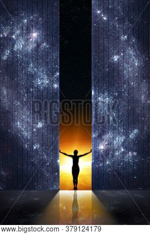 Expand Boundaries Concept. Woman Silhouette Opens The Gate From Starry Night Room Into The Sunrise. 