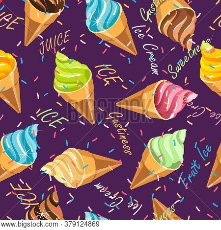 Vector Seamless Pattern Bright Illustration, Ice Cream Sweet Dessert