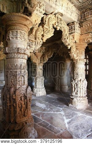 amazing stone carvings in Indian Temple Sahastra Bahu (Sas-Bahu)  at Nagda, Udaipur, Rajasthan, India.