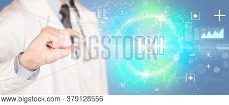 Close-up of a doctor giving you a pill with TSH abbreviation, virology concept