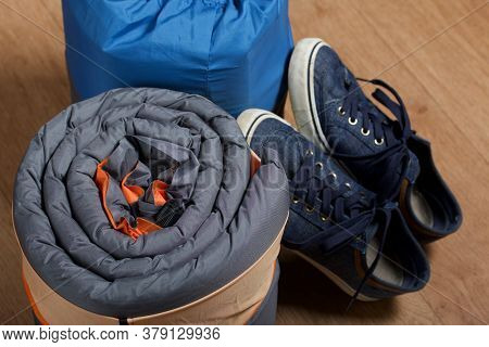 Tourist Equipment. Self-inflating Rugs And Sneakers. Lie On The Floor In The Room.