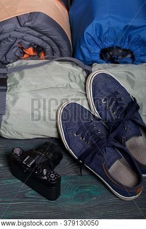 Tourist Equipment. Self-inflating Rugs And Sneakers. Lie On The Floor In The Room.