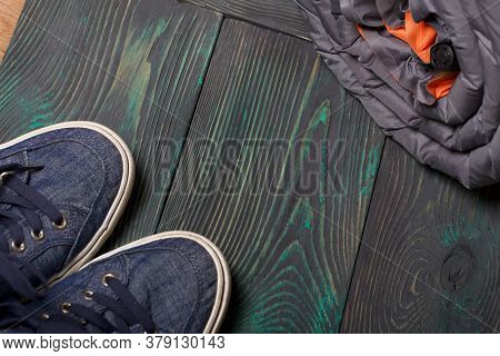 Tourist Equipment. Self-inflating Rugs And Sneakers. Close-up Shot.
