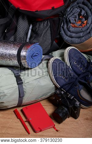 Tourist Equipment. Self-inflating Rugs And Sneakers. Lie On The Floor In The Room.