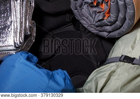 Tourist Equipment. Self-inflating Rugs And Sneakers. Lie On The Floor In The Room.
