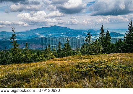 Mountain Landscape With Blue Sky. View From Pilsko In Beskid Zywiecki Towards Babia Gora.